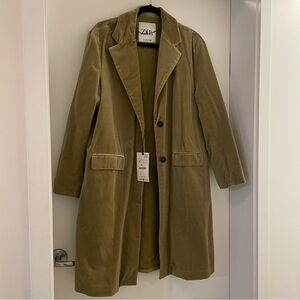 NWT Zara Light Khaki Velvet Long Coat - Size M